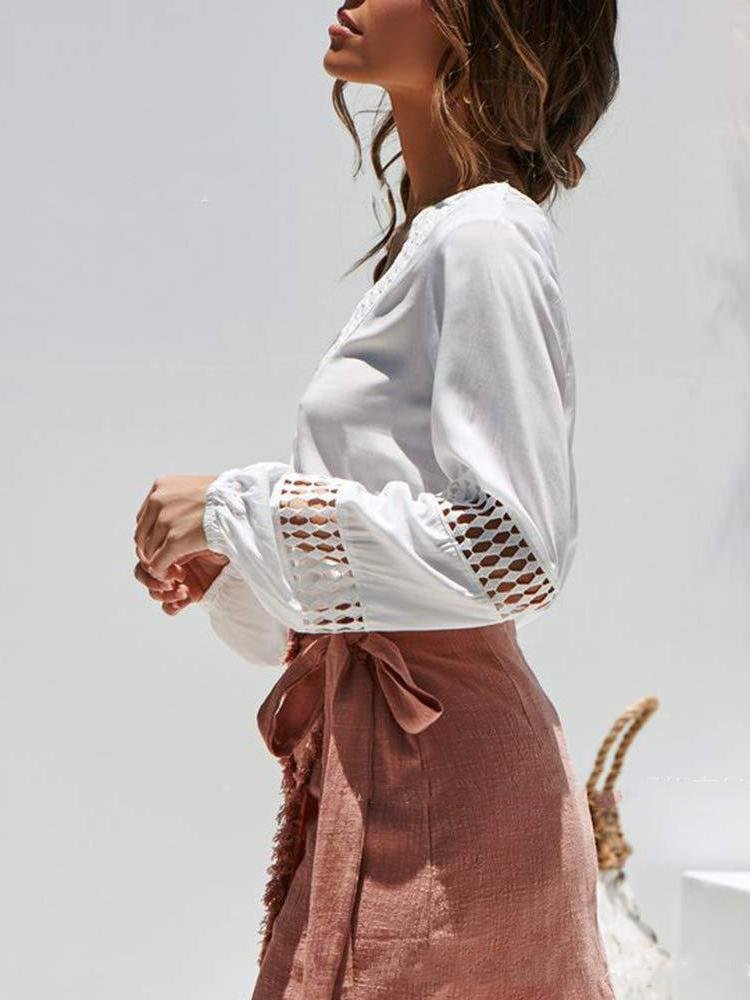 Lace Deep V-neck Long-sleeved Casual Shirt - Blouses - INS | Online Fashion Free Shipping Clothing, Dresses, Tops, Shoes - 20-30 - 28/06/2021 - BLO2106281128