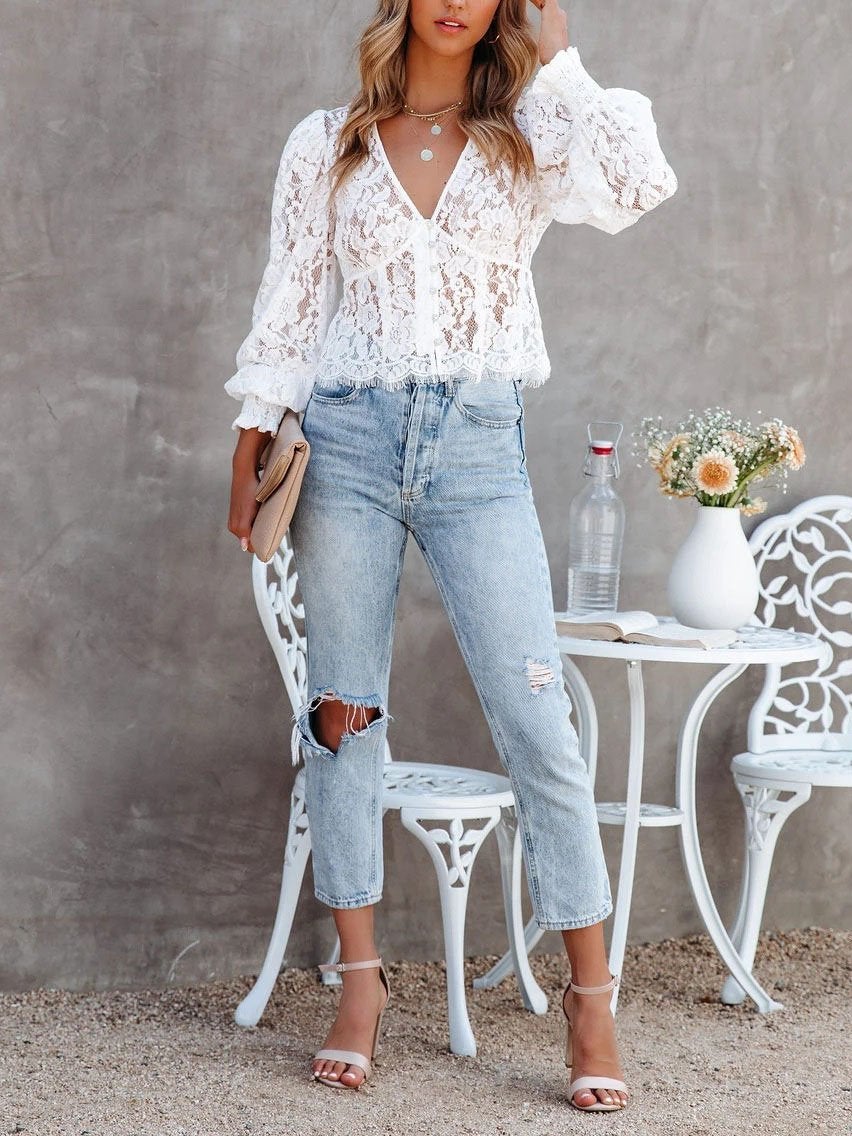 Lace Hollow Crocheted Bubble Long-sleeved Top - Blouses - INS | Online Fashion Free Shipping Clothing, Dresses, Tops, Shoes - 20-30 - 20/07/2021 - BLO2107201210