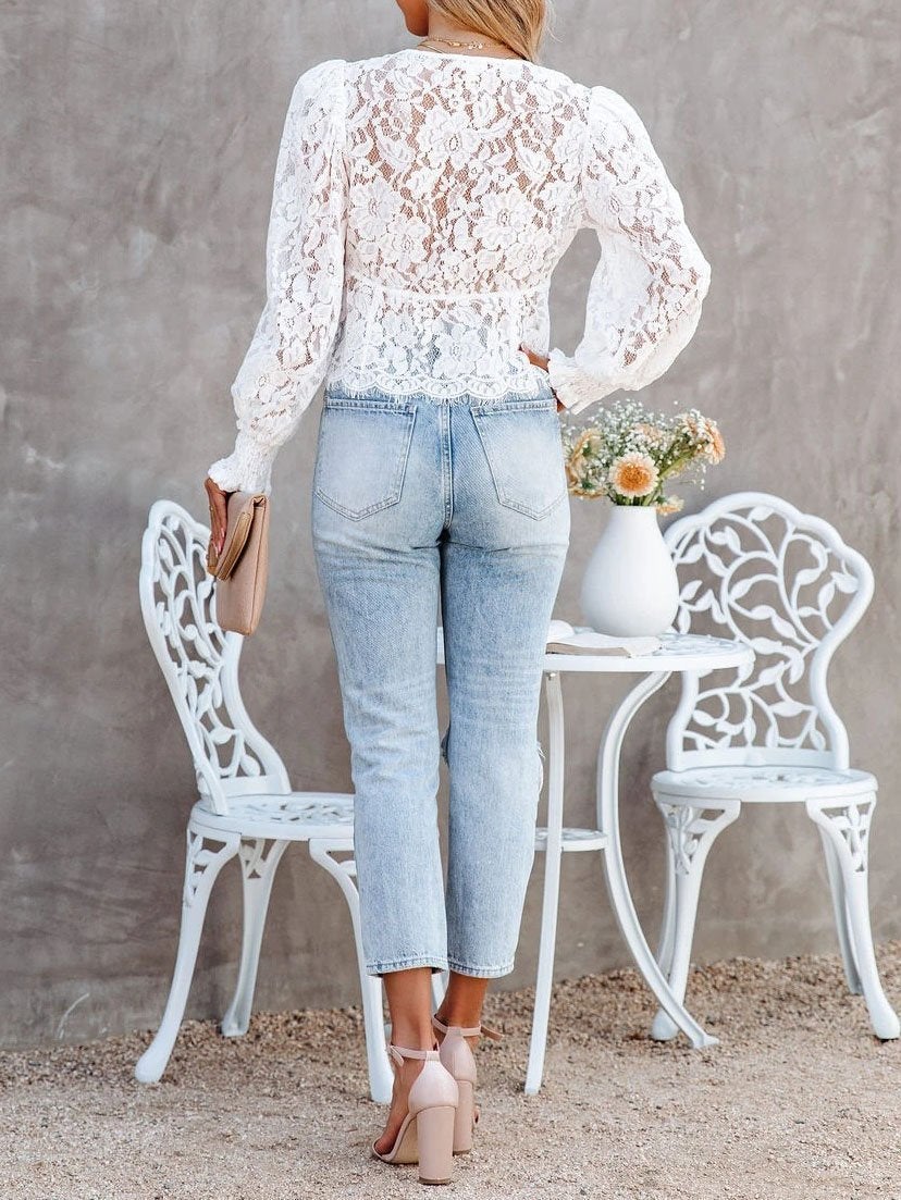 Lace Hollow Crocheted Bubble Long-sleeved Top - Blouses - INS | Online Fashion Free Shipping Clothing, Dresses, Tops, Shoes - 20-30 - 20/07/2021 - BLO2107201210