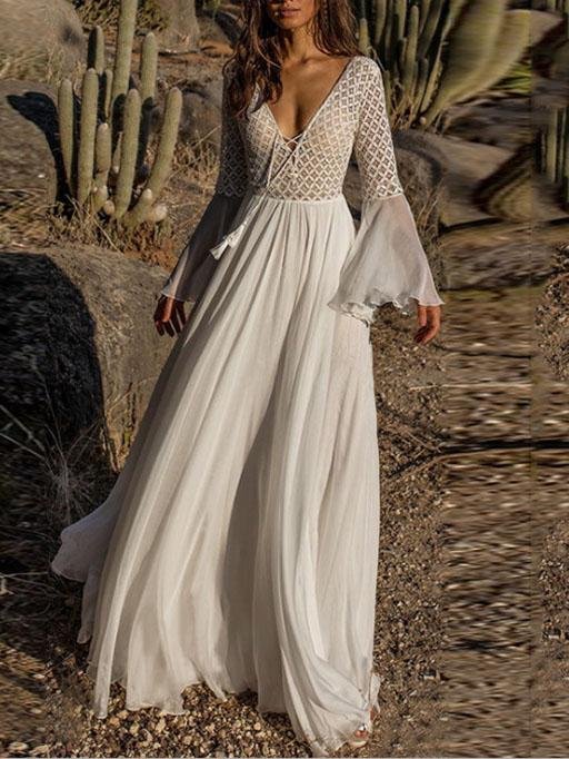 Lace Hollow Flared Sleeve Holiday Long Dress - Maxi Dresses - INS | Online Fashion Free Shipping Clothing, Dresses, Tops, Shoes - 17/07/2021 - 30-40 - color-one-set5-pcs