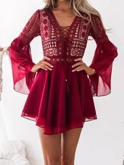 Lace Hollow V-Neck Flared Long Sleeve Chiffon Dress - Mini Dresses - INS | Online Fashion Free Shipping Clothing, Dresses, Tops, Shoes - 11/06/2021 - Category_Mini Dresses - Color_Black