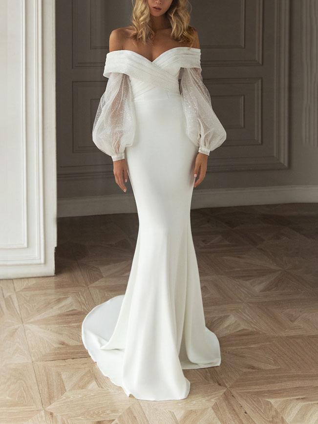 Lace Long-sleeved One-shoulder Evening Gown Wedding Dress - Maxi Dresses - INS | Online Fashion Free Shipping Clothing, Dresses, Tops, Shoes - 26/07/2021 - 40-50 - color-white