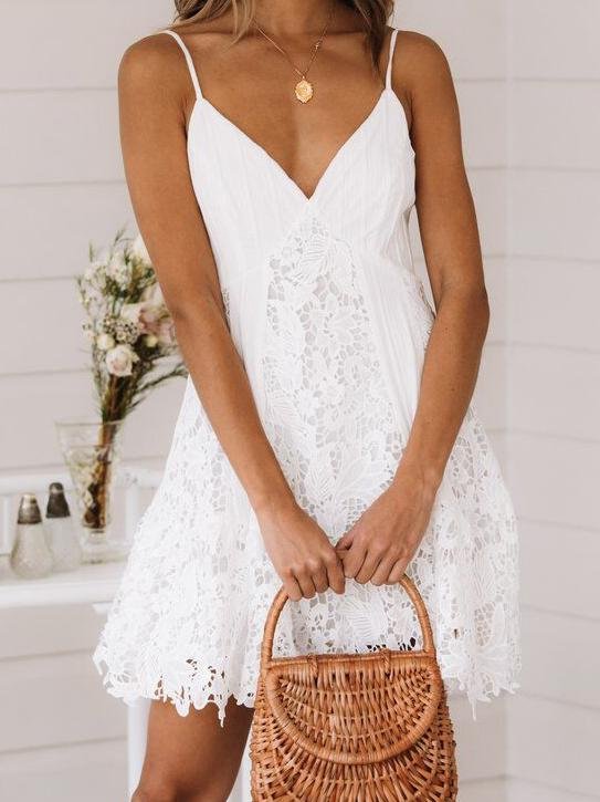 Lace Panel Sling Mini Dress - Mini Dresses - INS | Online Fashion Free Shipping Clothing, Dresses, Tops, Shoes - 09/06/2021 - Category_Mini Dresses - Color_White