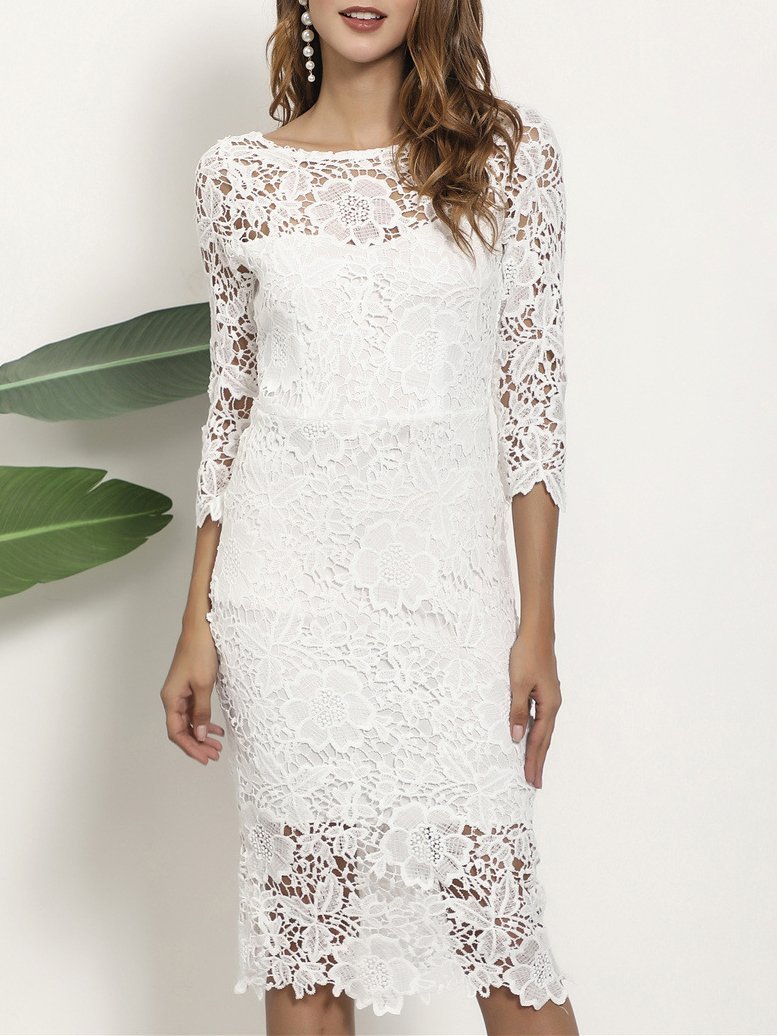 Lace Round Neck Long-sleeved Pencil Midi Dress - Midi Dresses - INS | Online Fashion Free Shipping Clothing, Dresses, Tops, Shoes - 08/07/2021 - 30-40 - color-white