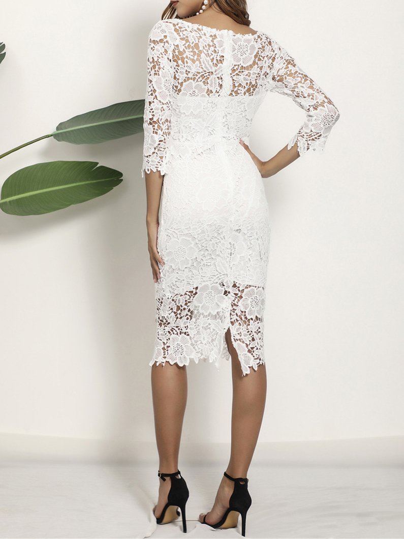 Lace Round Neck Long-sleeved Pencil Midi Dress - Midi Dresses - INS | Online Fashion Free Shipping Clothing, Dresses, Tops, Shoes - 08/07/2021 - 30-40 - color-white
