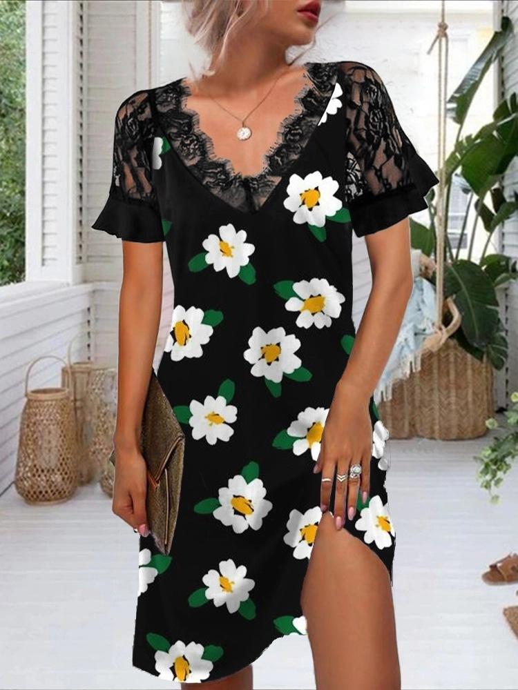 Lace Short-sleeved Fashion Print Dress - Mini Dresses - INS | Online Fashion Free Shipping Clothing, Dresses, Tops, Shoes - 02/07/2021 - 20-30 - color-pink