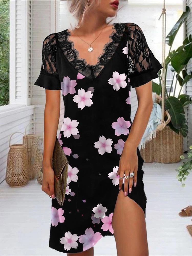 Lace Short-sleeved Fashion Print Dress - Mini Dresses - INS | Online Fashion Free Shipping Clothing, Dresses, Tops, Shoes - 02/07/2021 - 20-30 - color-pink
