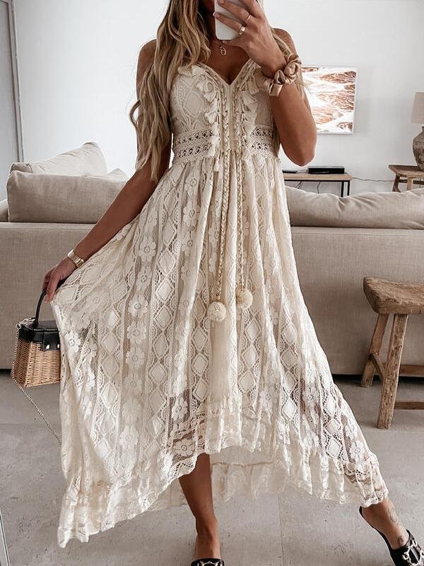 Lace Sling Solid Color Sleeveless Dress - Maxi Dresses - INS | Online Fashion Free Shipping Clothing, Dresses, Tops, Shoes - 24/05/2021 - Category_Maxi Dresses - Color_Beige