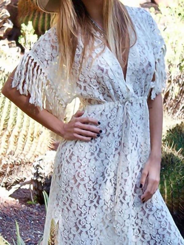 Lace Solid Color V-neck Dress - Maxi Dresses - INS | Online Fashion Free Shipping Clothing, Dresses, Tops, Shoes - 05/06/2021 - Color_White - DRE2106050112