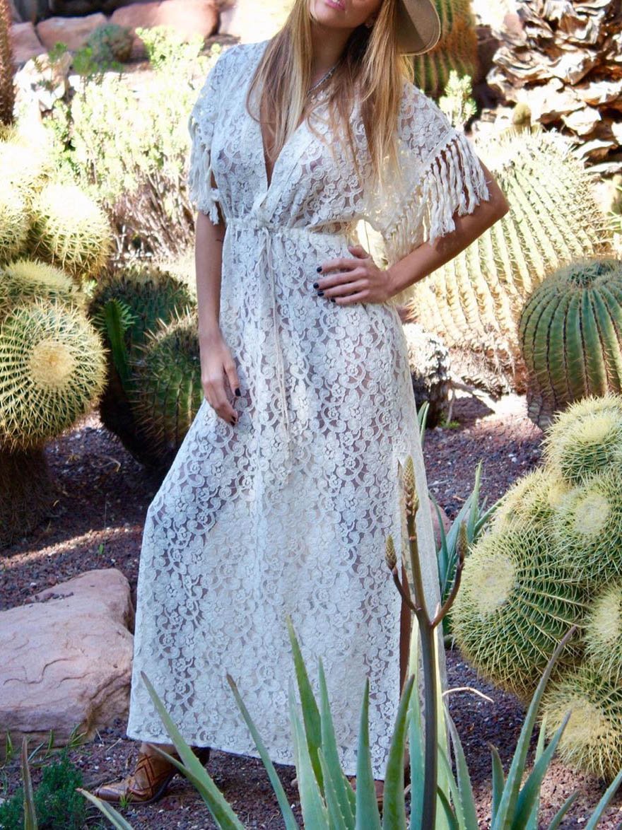 Lace Solid Color V-neck Dress - Maxi Dresses - INS | Online Fashion Free Shipping Clothing, Dresses, Tops, Shoes - 05/06/2021 - Color_White - DRE2106050112