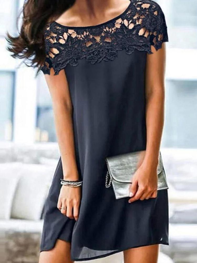 Lace Stitching Round Neck A-line Dress - Mini Dresses - INS | Online Fashion Free Shipping Clothing, Dresses, Tops, Shoes - 15/06/2021 - Color_Black - DRE2106150448