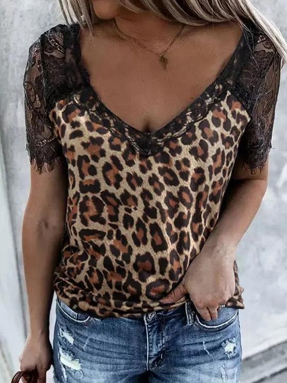 Lace Stitching Short-sleeved Leopard Print T-shirt - T-shirts - INS | Online Fashion Free Shipping Clothing, Dresses, Tops, Shoes - 31/05/2021 - Color_Brown - LXQ