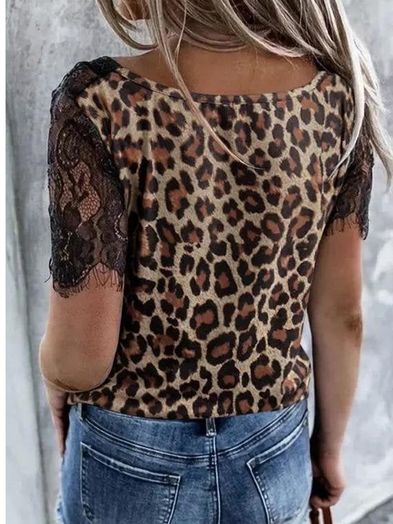 Lace Stitching Short-sleeved Leopard Print T-shirt - T-shirts - INS | Online Fashion Free Shipping Clothing, Dresses, Tops, Shoes - 31/05/2021 - Color_Brown - LXQ