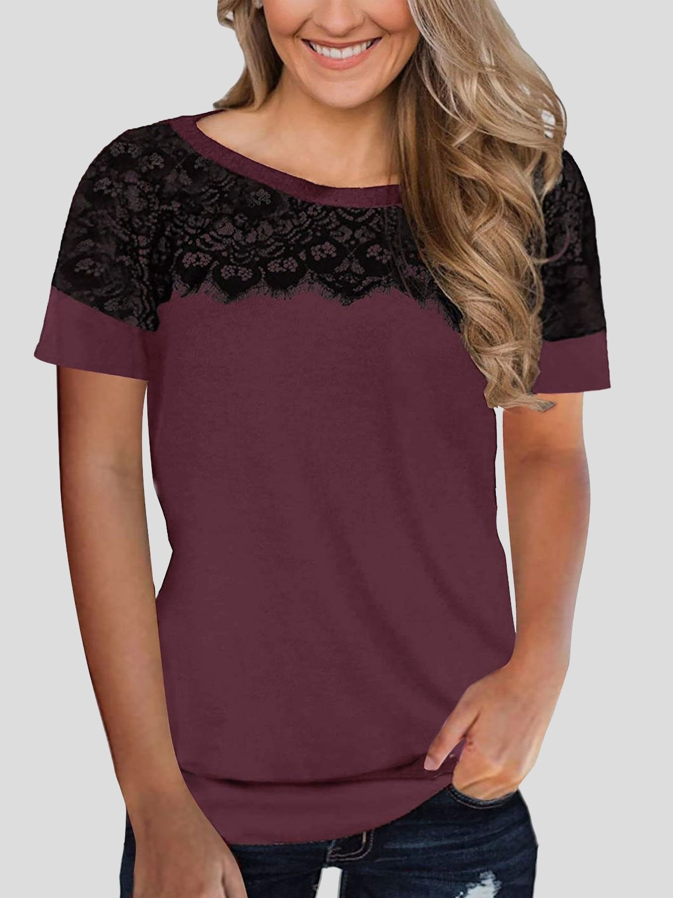 Lace Stitching Short-sleeved T-shirt - T-Shirts - INS | Online Fashion Free Shipping Clothing, Dresses, Tops, Shoes - 20-30 - 24/06/2021 - color-brown