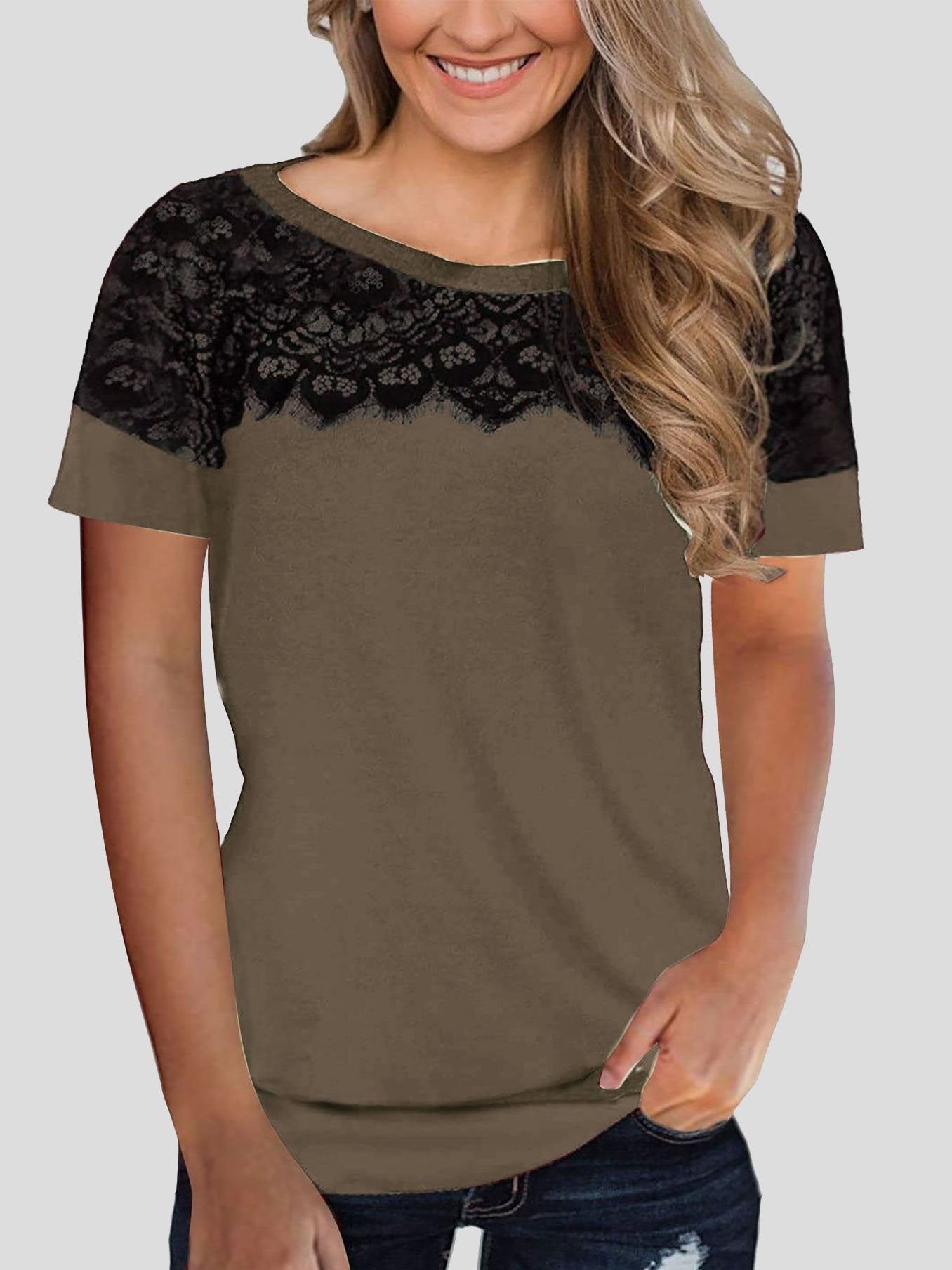 Lace Stitching Short-sleeved T-shirt - T-Shirts - INS | Online Fashion Free Shipping Clothing, Dresses, Tops, Shoes - 20-30 - 24/06/2021 - color-brown