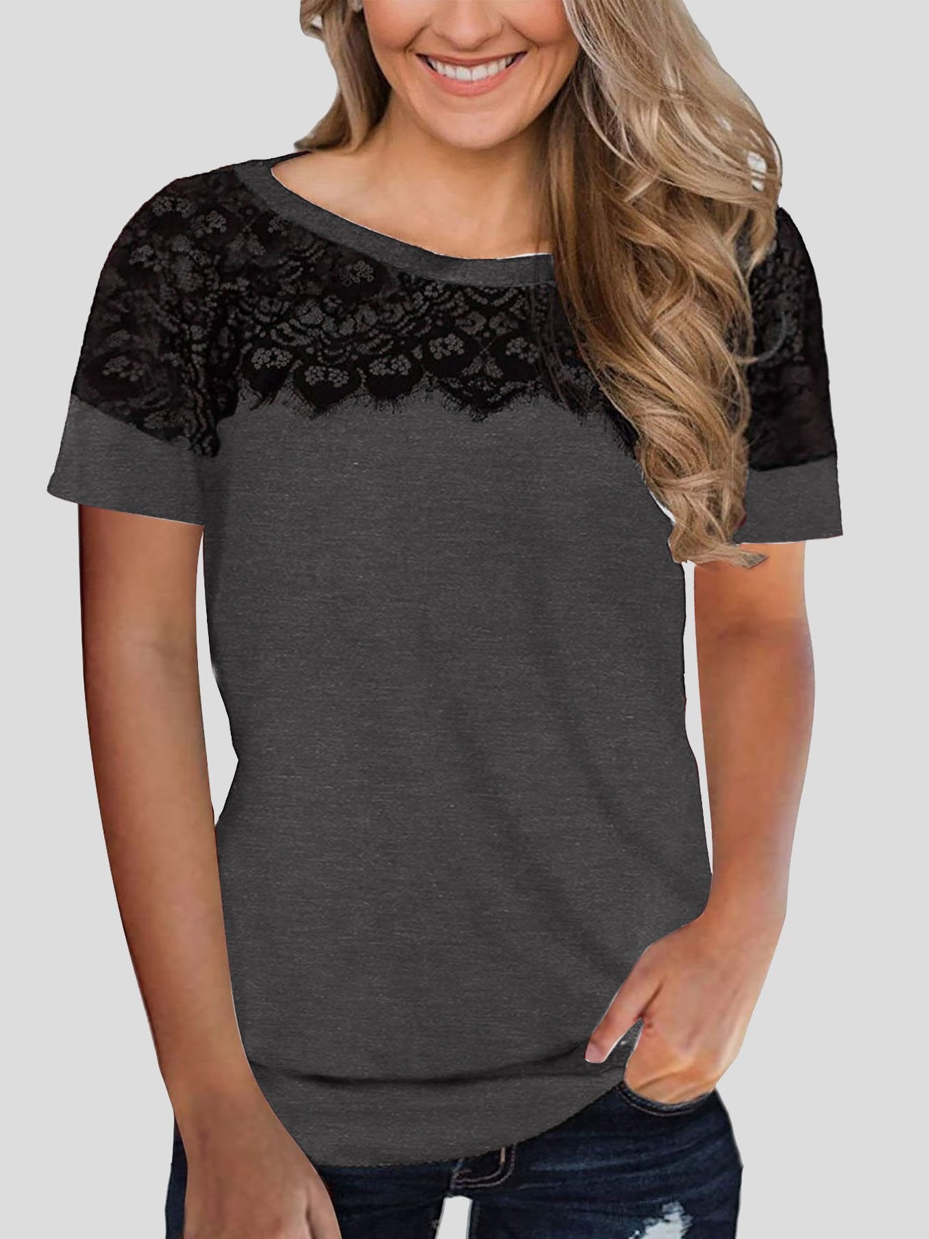 Lace Stitching Short-sleeved T-shirt - T-Shirts - INS | Online Fashion Free Shipping Clothing, Dresses, Tops, Shoes - 20-30 - 24/06/2021 - color-brown