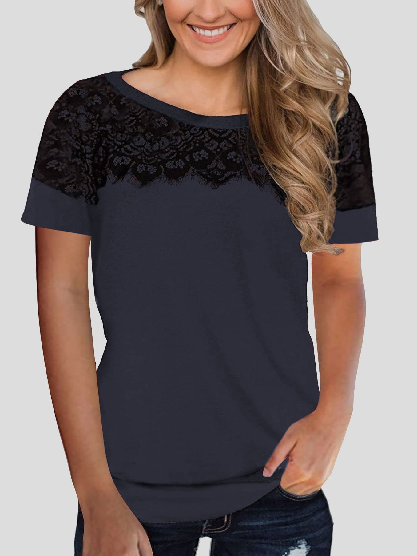Lace Stitching Short-sleeved T-shirt - T-Shirts - INS | Online Fashion Free Shipping Clothing, Dresses, Tops, Shoes - 20-30 - 24/06/2021 - color-brown