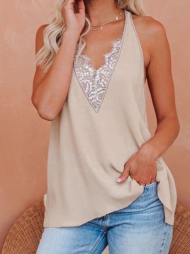 Lace Stitching Sling Type V-Neck Tank Tops - Tank Tops - INS | Online Fashion Free Shipping Clothing, Dresses, Tops, Shoes - 10-20 - 18/06/2021 - Category_Tank Tops