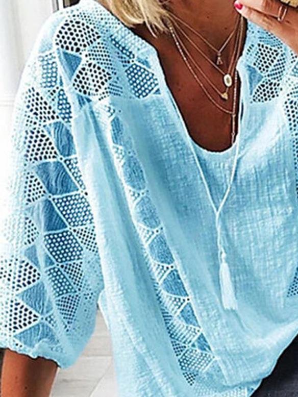 Lace Stitching U-neck 3/4 Sleeve Blouse - Blouses - INS | Online Fashion Free Shipping Clothing, Dresses, Tops, Shoes - 05/19/2021 - BLO210520270 - Category_Blouses