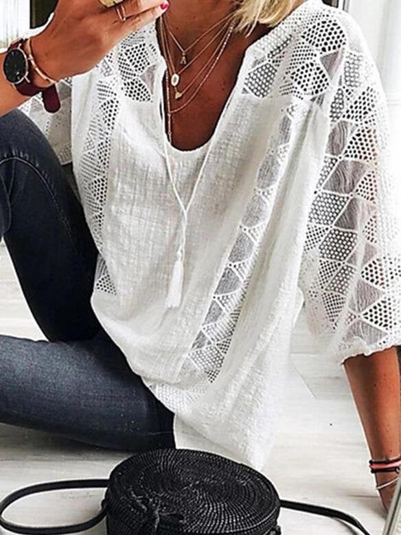 Lace Stitching U-neck 3/4 Sleeve Blouse - Blouses - INS | Online Fashion Free Shipping Clothing, Dresses, Tops, Shoes - 05/19/2021 - BLO210520270 - Category_Blouses