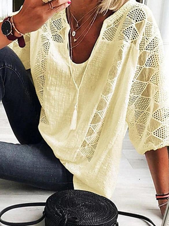 Lace Stitching U-neck 3/4 Sleeve Blouse - Blouses - INS | Online Fashion Free Shipping Clothing, Dresses, Tops, Shoes - 05/19/2021 - BLO210520270 - Category_Blouses