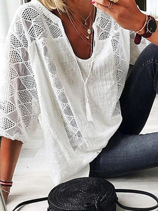 Lace Stitching U-neck 3/4 Sleeve Blouse - Blouses - INS | Online Fashion Free Shipping Clothing, Dresses, Tops, Shoes - 05/19/2021 - BLO210520270 - Category_Blouses