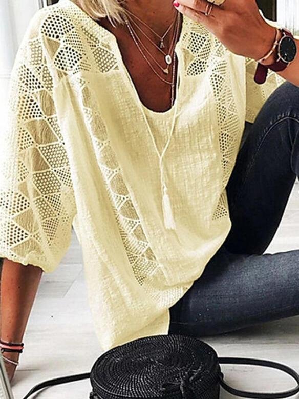 Lace Stitching U-neck 3/4 Sleeve Blouse - Blouses - INS | Online Fashion Free Shipping Clothing, Dresses, Tops, Shoes - 05/19/2021 - BLO210520270 - Category_Blouses