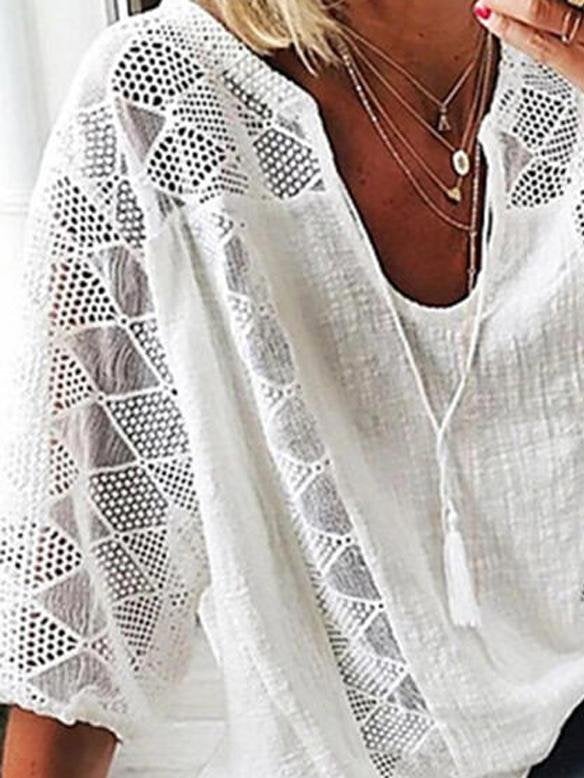 Lace Stitching U-neck 3/4 Sleeve Blouse - Blouses - INS | Online Fashion Free Shipping Clothing, Dresses, Tops, Shoes - 05/19/2021 - BLO210520270 - Category_Blouses