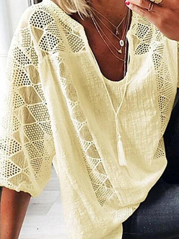 Lace Stitching U-neck 3/4 Sleeve Blouse - Blouses - INS | Online Fashion Free Shipping Clothing, Dresses, Tops, Shoes - 05/19/2021 - BLO210520270 - Category_Blouses