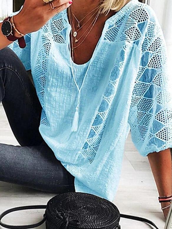 Lace Stitching U-neck 3/4 Sleeve Blouse - Blouses - INS | Online Fashion Free Shipping Clothing, Dresses, Tops, Shoes - 05/19/2021 - BLO210520270 - Category_Blouses