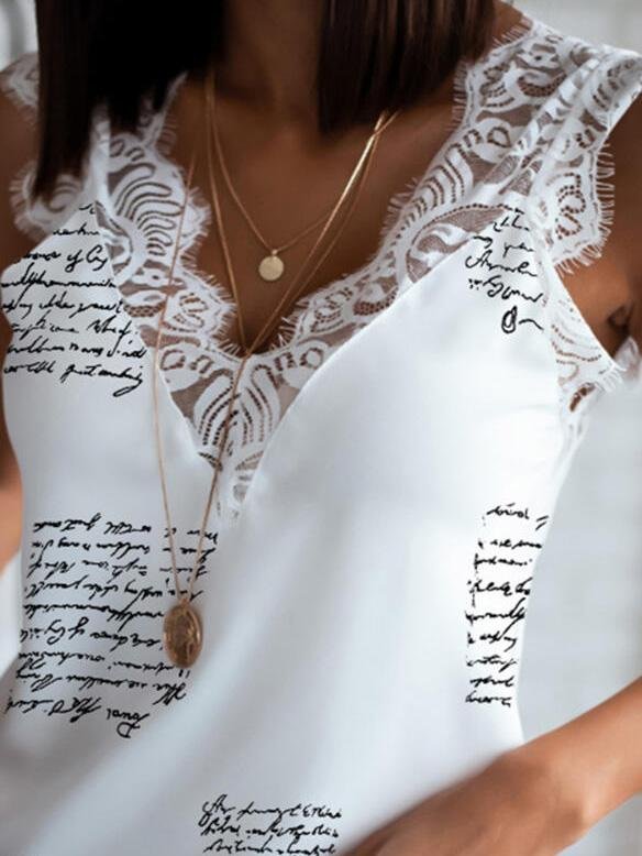 Lace Stitching V-Neck Printing Tank Tops - Tank Tops - INS | Online Fashion Free Shipping Clothing, Dresses, Tops, Shoes - 10-20 - 17/07/2021 - 2XL