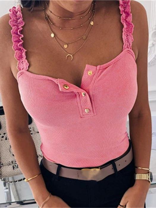 Lace Straps With Solid Buttons Tank Tops - Tank Tops - INS | Online Fashion Free Shipping Clothing, Dresses, Tops, Shoes - 10-20 - 25/06/2021 - Category_Tank Tops