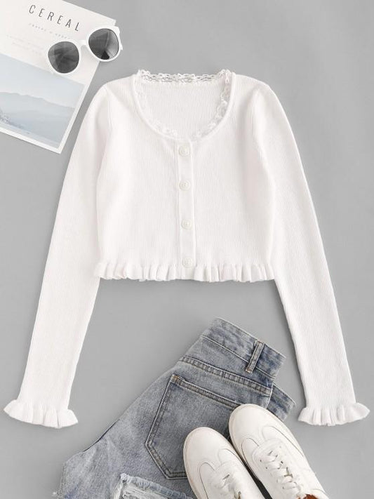 Lace Trim Frilled Ribbed Slim Knitwear - INS | Online Fashion Free Shipping Clothing, Dresses, Tops, Shoes