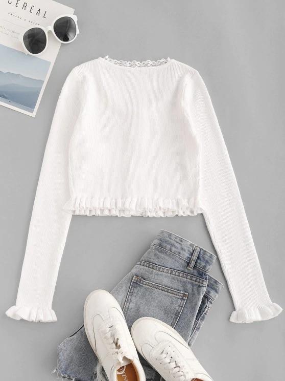 Lace Trim Frilled Ribbed Slim Knitwear - INS | Online Fashion Free Shipping Clothing, Dresses, Tops, Shoes