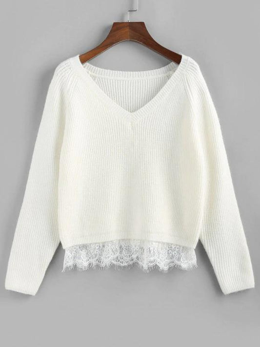 Lace Trim Raglan Sleeve Sweater - INS | Online Fashion Free Shipping Clothing, Dresses, Tops, Shoes