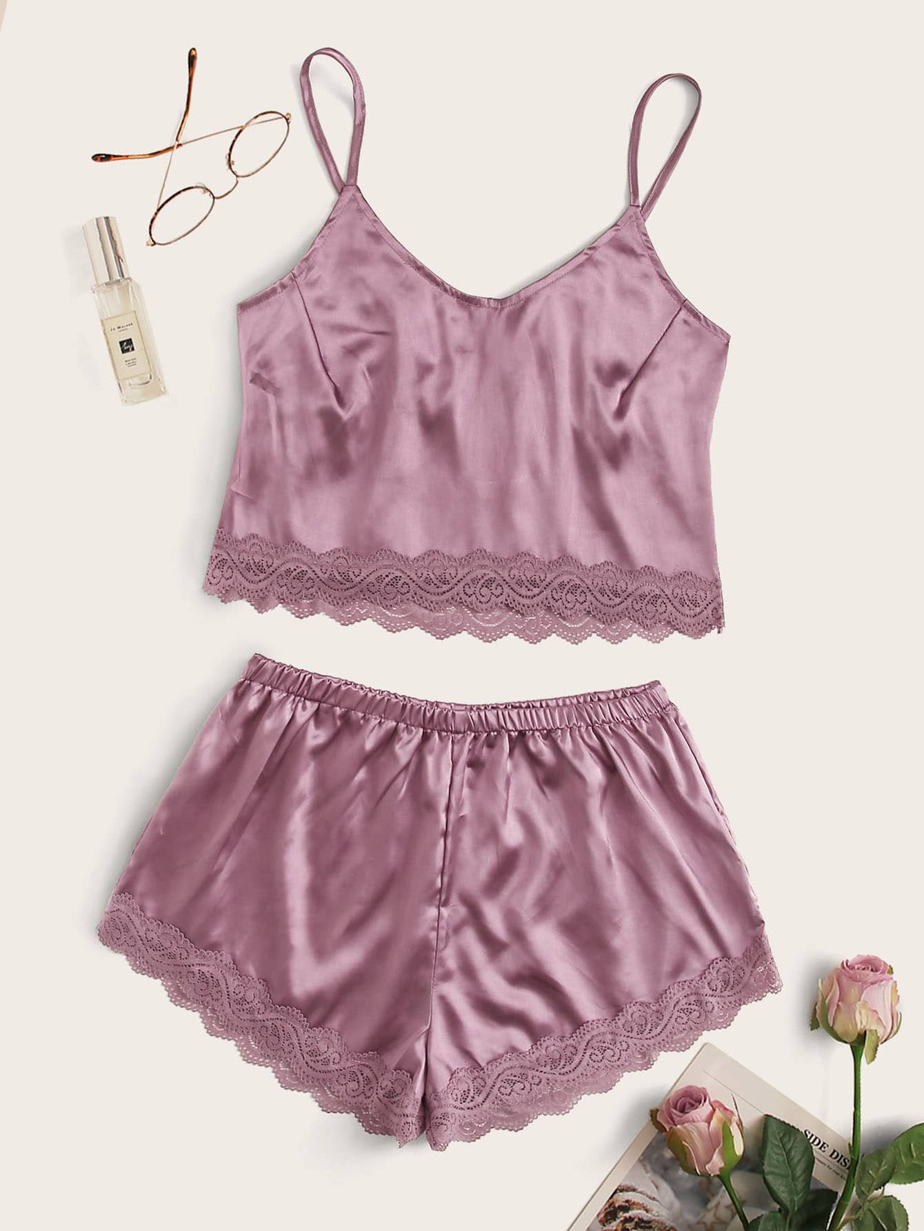 Lace Trim Satin Cami With Shorts - INS | Online Fashion Free Shipping Clothing, Dresses, Tops, Shoes