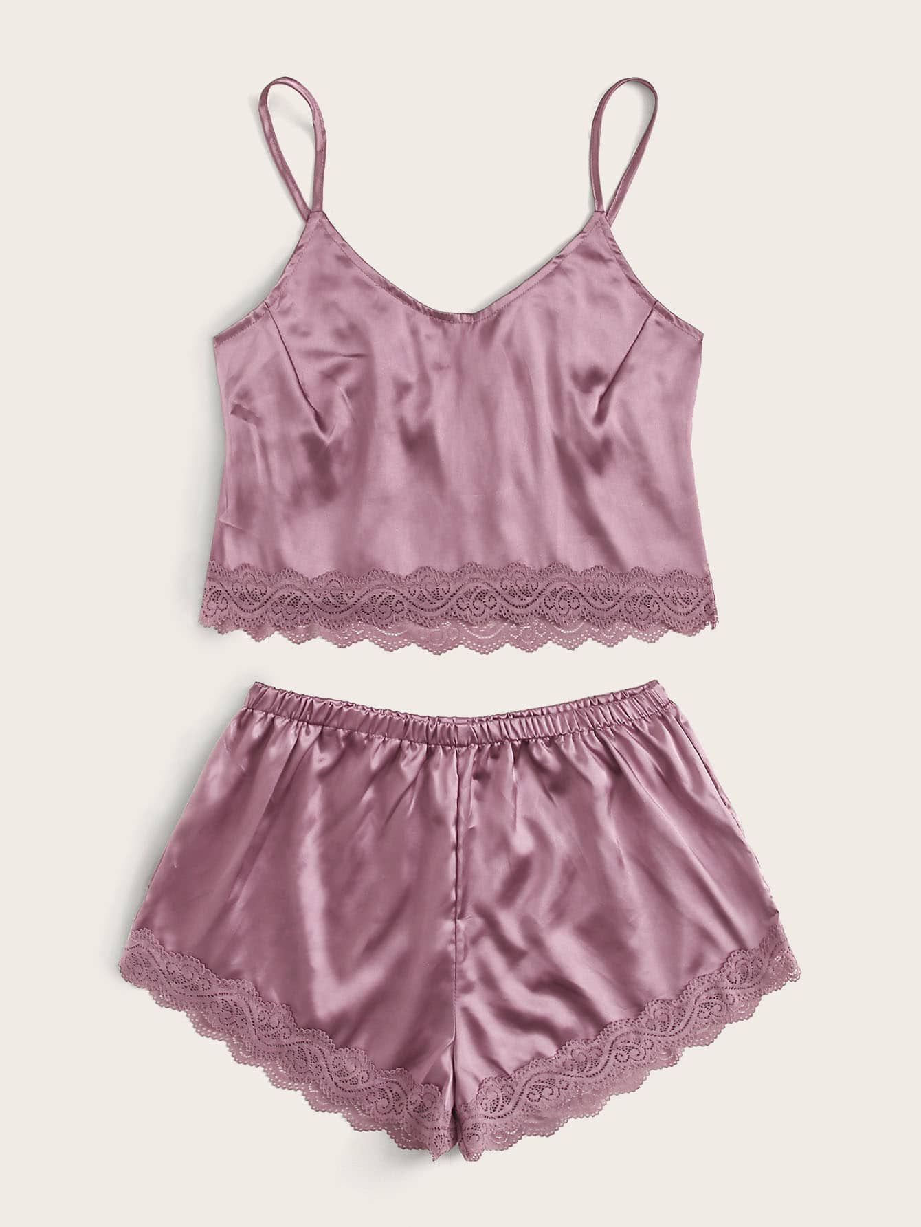 Lace Trim Satin Cami With Shorts - INS | Online Fashion Free Shipping Clothing, Dresses, Tops, Shoes