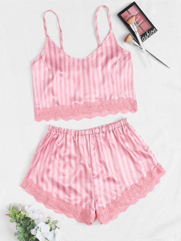 Lace Trim Satin Cami With Shorts - INS | Online Fashion Free Shipping Clothing, Dresses, Tops, Shoes