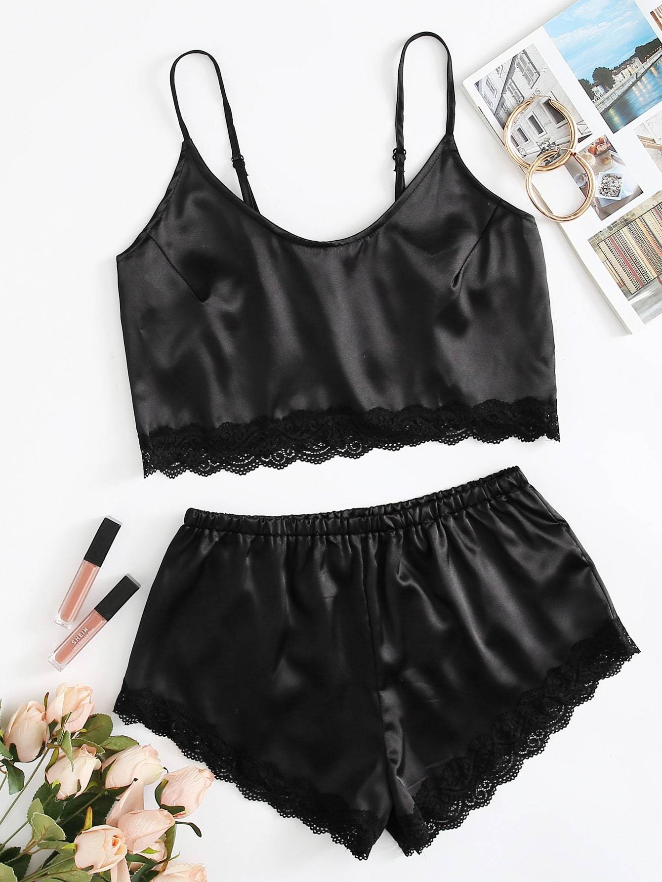 Lace Trim Satin Cami With Shorts - INS | Online Fashion Free Shipping Clothing, Dresses, Tops, Shoes