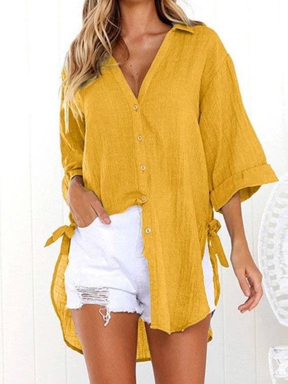 Lace-up 3/4 Flared Sleeve Dovetail Casual Shirt - Blouses - INS | Online Fashion Free Shipping Clothing, Dresses, Tops, Shoes - 10-20 - 22/07/2021 - BLO2107221244