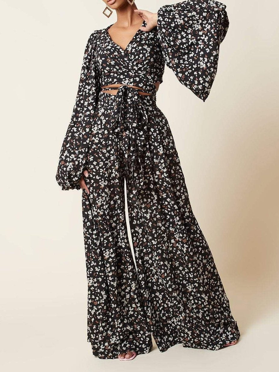Lace-up Cardigan & Loose Wide-leg Pants Leopard Print Suit - Sets - INS | Online Fashion Free Shipping Clothing, Dresses, Tops, Shoes - 17/07/2021 - 30-40 - Bottoms