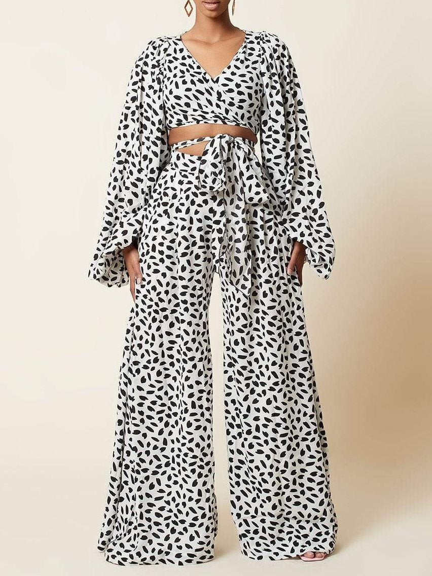 Lace-up Cardigan & Loose Wide-leg Pants Leopard Print Suit - Sets - INS | Online Fashion Free Shipping Clothing, Dresses, Tops, Shoes - 17/07/2021 - 30-40 - Bottoms