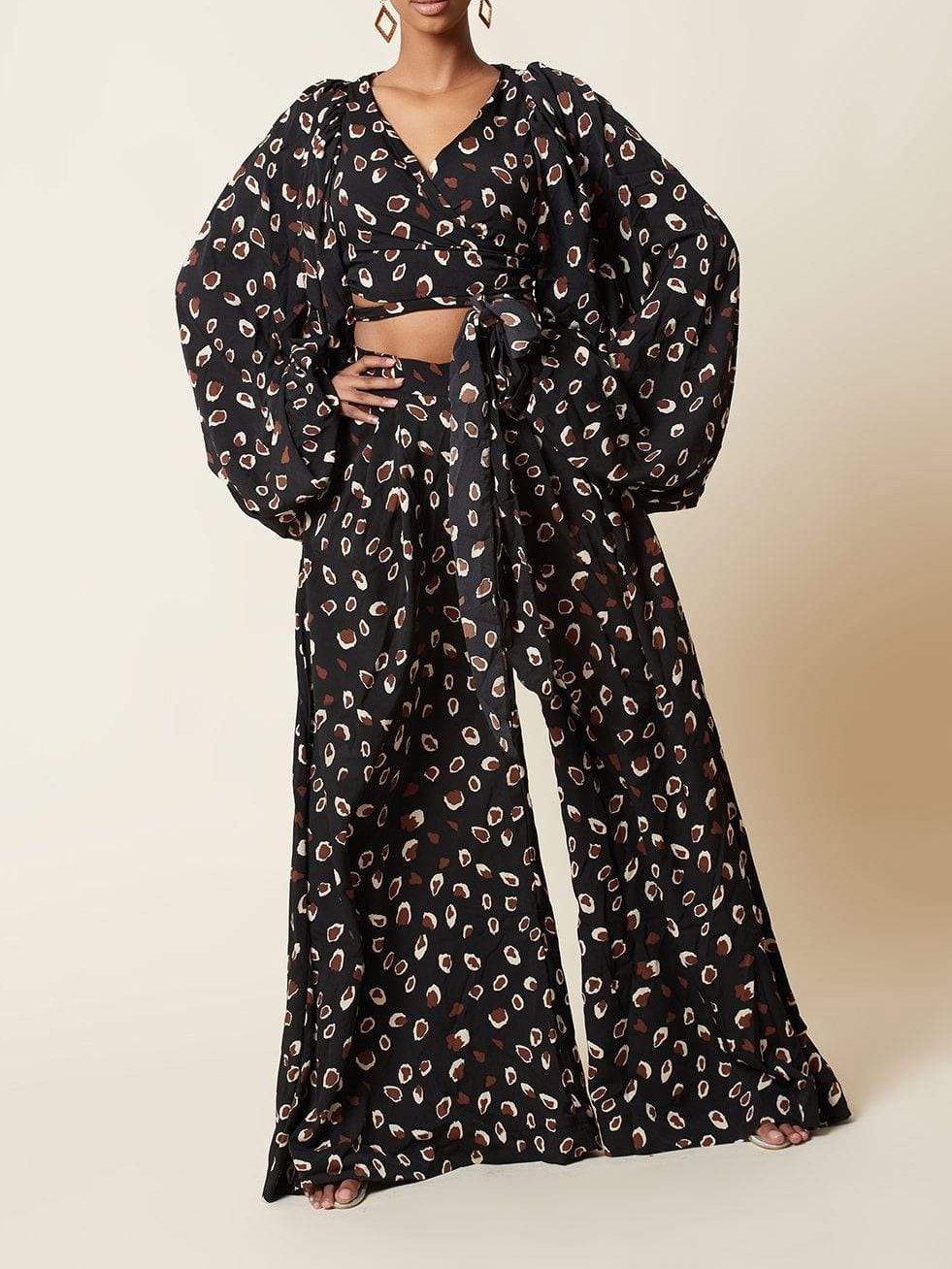 Lace-up Cardigan & Loose Wide-leg Pants Leopard Print Suit - Sets - INS | Online Fashion Free Shipping Clothing, Dresses, Tops, Shoes - 17/07/2021 - 30-40 - Bottoms