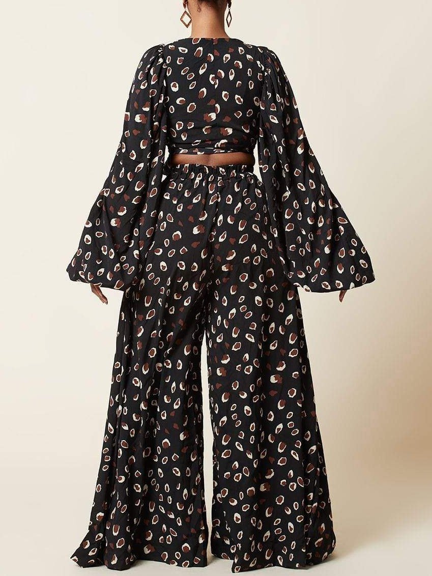 Lace-up Cardigan & Loose Wide-leg Pants Leopard Print Suit - Sets - INS | Online Fashion Free Shipping Clothing, Dresses, Tops, Shoes - 17/07/2021 - 30-40 - Bottoms