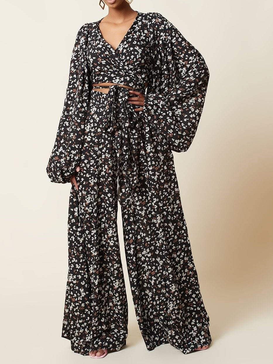 Lace-up Cardigan & Loose Wide-leg Pants Leopard Print Suit - Sets - INS | Online Fashion Free Shipping Clothing, Dresses, Tops, Shoes - 17/07/2021 - 30-40 - Bottoms