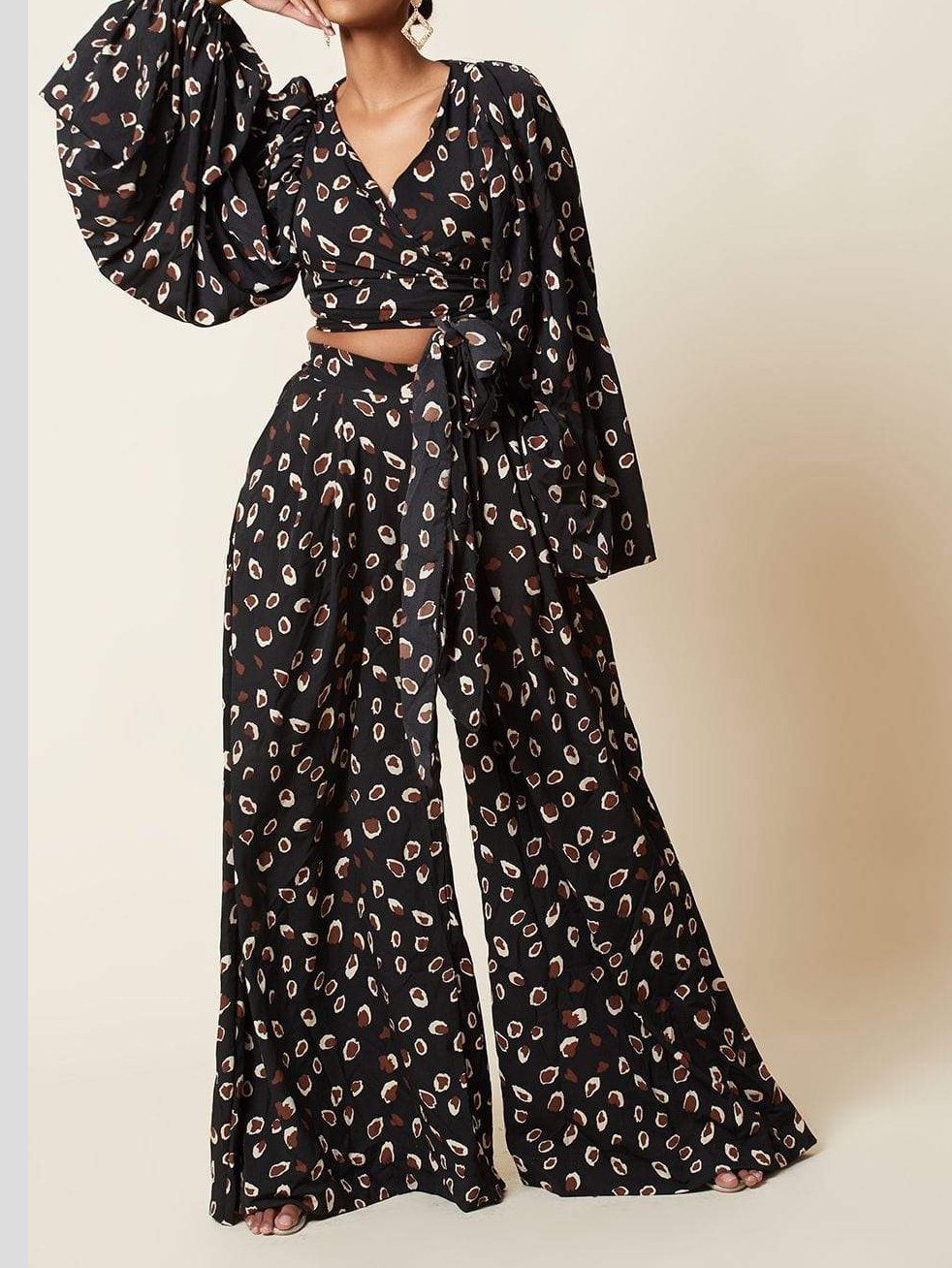 Lace-up Cardigan & Loose Wide-leg Pants Leopard Print Suit - Sets - INS | Online Fashion Free Shipping Clothing, Dresses, Tops, Shoes - 17/07/2021 - 30-40 - Bottoms