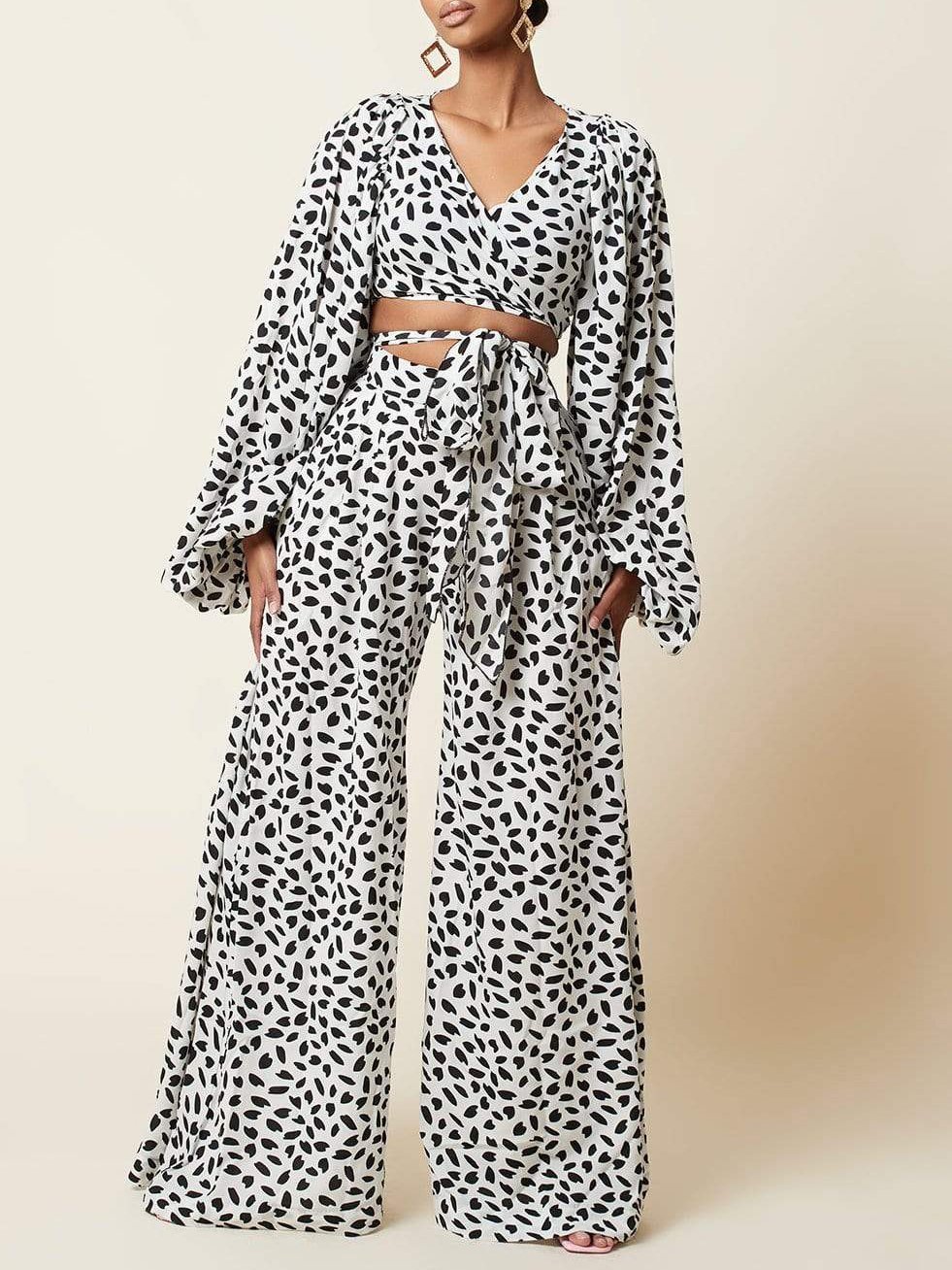 Lace-up Cardigan & Loose Wide-leg Pants Leopard Print Suit - Sets - INS | Online Fashion Free Shipping Clothing, Dresses, Tops, Shoes - 17/07/2021 - 30-40 - Bottoms
