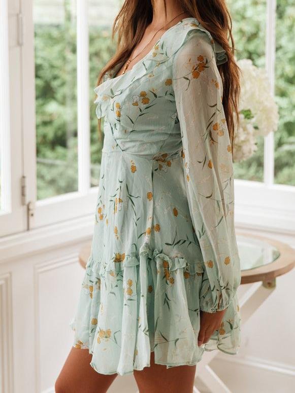 Lace-up Ruffled Printed Long-sleeved Dress - Mini Dresses - INS | Online Fashion Free Shipping Clothing, Dresses, Tops, Shoes - 16/06/2021 - 20-30 - color-light-blue