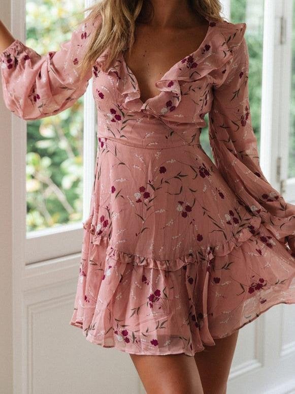 Lace-up Ruffled Printed Long-sleeved Dress - Mini Dresses - INS | Online Fashion Free Shipping Clothing, Dresses, Tops, Shoes - 16/06/2021 - 20-30 - color-light-blue
