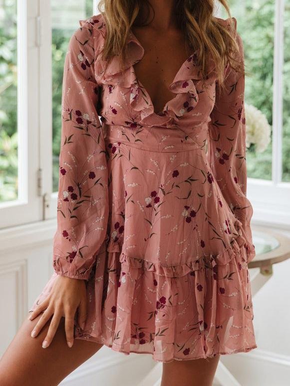 Lace-up Ruffled Printed Long-sleeved Dress - Mini Dresses - INS | Online Fashion Free Shipping Clothing, Dresses, Tops, Shoes - 16/06/2021 - 20-30 - color-light-blue